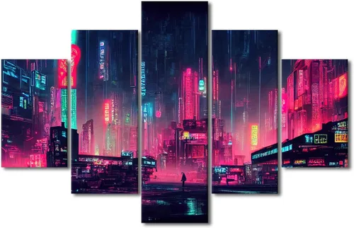 Vista 30 de Póster de 5 paneles en lienzo para decoración de pared, diseño de centro urbano Cyberpunk, impresión moderna, decoración de pared para el hogar