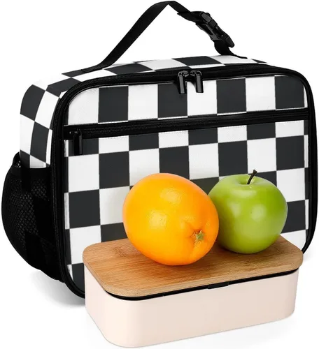Vista 6 de Lonchera reutilizable con diseño a cuadros y negro y blanco con aislamiento, bolsa de almuerzo para comida y comida, bolsa de mano para mujeres