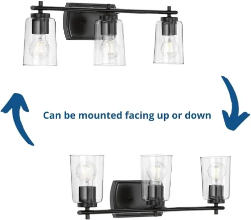 Vista 9 de Progress Lighting Adley Collection - Lámpara de tocador de baño tradicional con 3 luces, de cristal transparente, color negro mate, 7-5/8 x 23 Mate