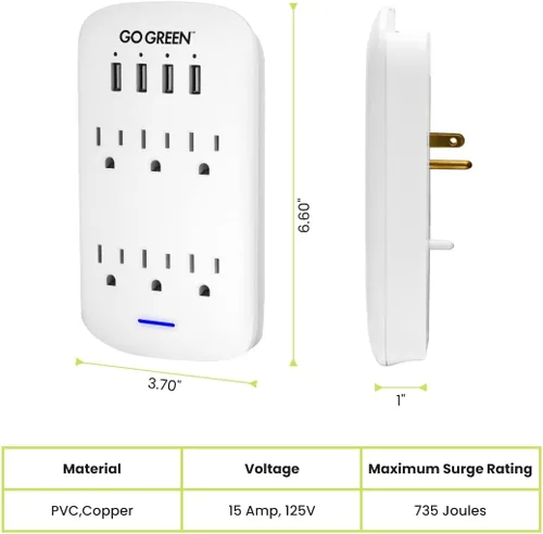 Vista 2 de GoGreen Power (GG-16000USB4) - Adaptador de enchufe de pared USB de 6 tomas de corriente de 2.4 amperios con puertos USB y protección contra