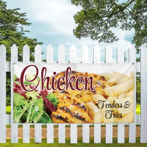 Vista 5 de Vinyl Banner Multiple Sizes Chicken Tenders & Fries A Restaurant & Food Outdoor Weatherproof Industrial Yard Signs Golden 4 Grommets 12x30Inches