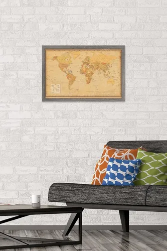 Vista 2 de Trends International Póster de pared antiguo con mapa mundial 2024, 22.4 pulgadas de largo x 14.7 pulgadas, versión enmarcada en madera de granero