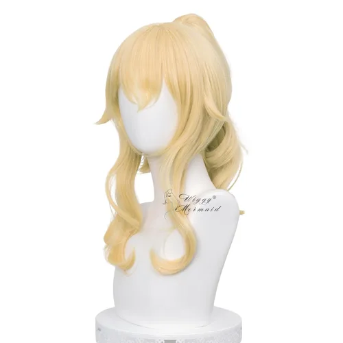 Vista 2 de SL Peluca de cola de caballo rubia ondulada para cosplay de Jean, pelucas de princesa dorada con colas de caballo, flequillos + gorra de peluca