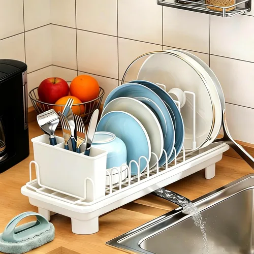 Vista 10 de Escurridor compacto para encimera, tamaño pequeño para dormitorios, caravanas y cocinas pequeñas, drenaje automático, ranuras ajustables, resistente