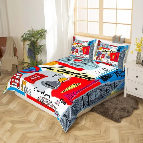 Vista 3 de Feelyou Juego de ropa de cama con temática londinense, funda de edredón para cabina telefónica retro roja para niños, paisaje histórico europeo