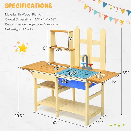 Vista 6 de HONEY JOY Juego de cocina de barro para niños, para interiores y exteriores, juguete de simulación de madera con fregadero extraíble, grifo