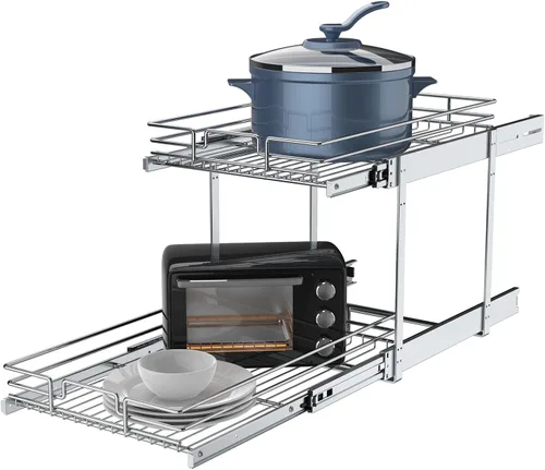 Vista 10 de Organizador de gabinete extraíble, estante deslizante de metal resistente para armarios de cocina, cromo, no incluye accesorios de puerta