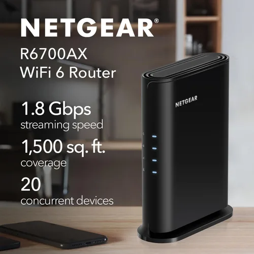 Vista 2 de NETGEAR Enrutador WiFi 6 de 4 flujos (R6700AX): solo enrutador, velocidad inalámbrica AX1800 (hasta 1.8 Gbps), cubre hasta 1500 pies cuadrados, 20