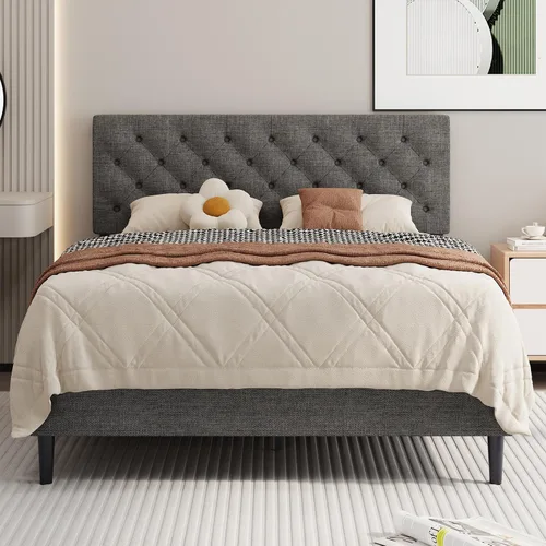 Vista 24 de BarnFurin Marco de cama tamaño completo con cabecero, cama de plataforma tapizada con cabecera acolchada con botones ajustables, marco de cama