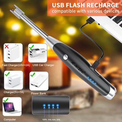 Vista 4 de AT-Mizhi Encendedor eléctrico - Encendedor de cuello largo recargable con linterna LED para velas, camping y barbacoa