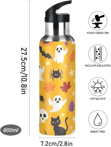 Vista 9 de Cute Halloween Orange Stainless Steel Vacuum Insulated Water Bottle 20 Oz, BPA-Free Sport Water Bottle Insulated Leakproof Water Bottles