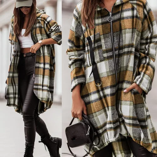 Vista 2 de Camisa estampada a cuadros para mujer, con cremallera, manga larga, con capucha, chaqueta irregular