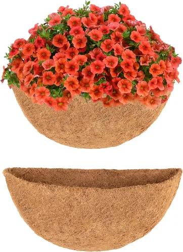 Vista 9 de Y&M Forros de fibra de coco semicirculares preformados de 16 pulgadas, 2 forros de coco natural para cestas colgantes, jardineras, montadas