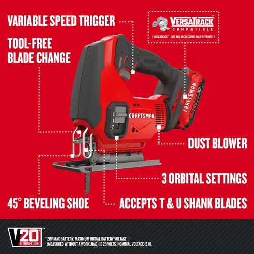 Vista 3 de CRAFTSMAN Kit de sierra caladora inalámbrica V20, 3 ajustes orbitales, hasta 2,500 SPM, batería y cargador incluidos (CMCS600D1)