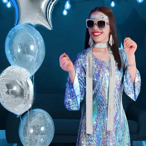 Vista 5 de Conjunto de 6 piezas de disfraz y accesorios de discoteca para mujer, vestido de los años 70, bufanda, pulsera, aretes, diadema, lentes de sol