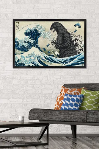 Vista 2 de Godzilla - Póster de pared Great Wave de 34 pulgadas de largo x 22.4 pulgadas de ancho, versión enmarcada en negro