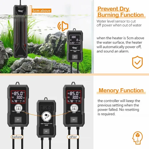 Vista 4 de hygger Calentador para Acuarios 300W/500W/800W/1000W, Calentador Sumergible para Tanque de Peces con Controlador LED Digital y Sistema Inteligente