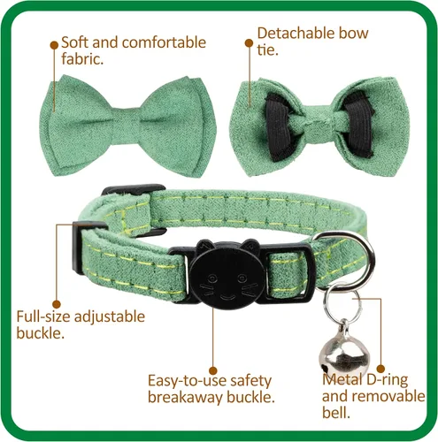 Vista 5 de Collar de gato con campana para niño y niña, pajarita de seguridad, a cuadros, color sólido, conjunto de regalo, lindo festivo, [2 piezas], verde