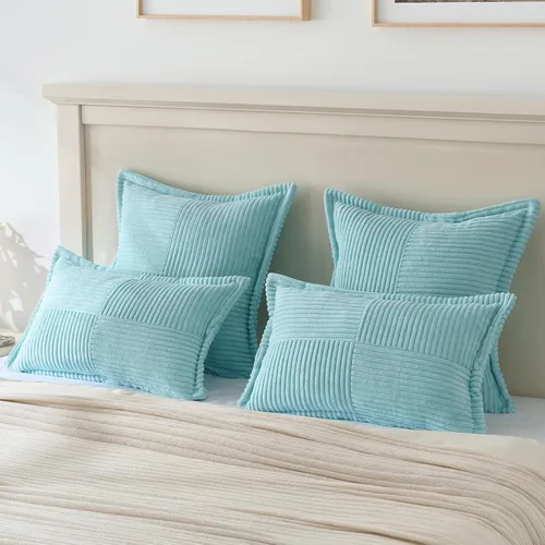 Vista 7 de HAUSSY Paquete de 2 fundas de almohada de 16 x 16 pulgadas, fundas decorativas de pana suave, estilo bohemio, a rayas, sólidas, decoración