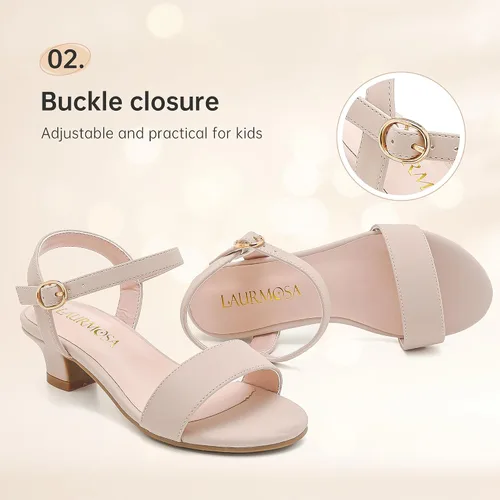 Vista 4 de LAURMOSA Sandalias para niñas, zapatos de vestir para fiesta de boda, puntera abierta, tacones altos con purpurina para niños pequeños y grandes