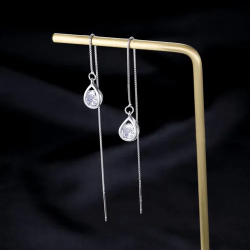 Vista 4 de Reffeer Solid 925 Sterling Silver CZ Droplet Chain Dangle Earrings for Women Teen Girls Tassel Dangle Earrings Threader A-Plata