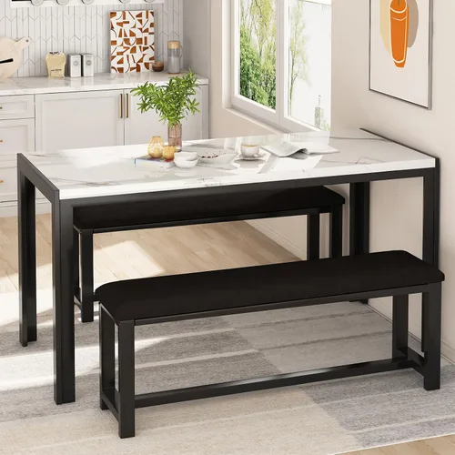 Vista 10 de Recaceik Juego de mesa de comedor para 4, juego de mesa de cocina con 2 bancos, juego de mesa de comedor de 3 piezas, mesa de cocina moderna