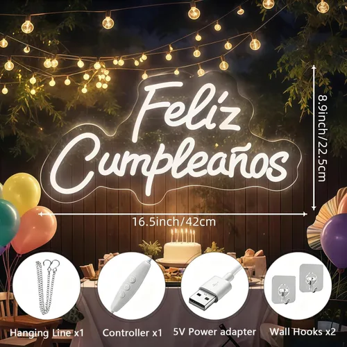 Vista 5 de Letrero de neón personalizado con texto en inglés «Feliz Cumpleaños», luz LED de pared para cumpleaños, decoración de fiestas, patio trasero