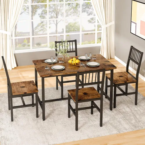 Vista 4 de AWQM Juego de mesa de comedor de 43.3 pulgadas para 4, mesa industrial con 4 sillas curvas, juego de mesa de cocina rectangular de 5 piezas