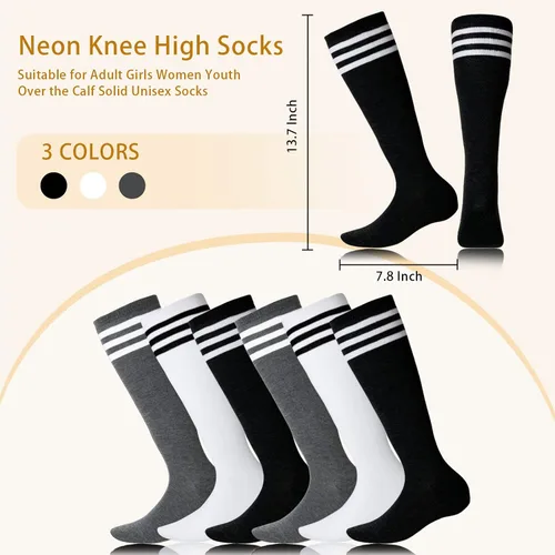 Vista 2 de SATINIOR 6 pares de calcetines de fútbol hasta la rodilla para jóvenes, tubo a rayas, calcetines largos de fútbol para niños, niñas, mujeres
