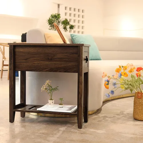 Vista 7 de Mesa auxiliar estrecha para silla, mesa auxiliar reclinable sólida con cajón, mesita de noche delgada para sala de estar y dormitorio