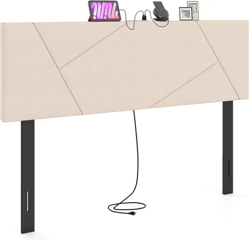 Vista 22 de GIANTEX - Cabecera con estación de carga, tamaño Queen/Matrimonial, tapizada con botones y 2 salidas de CA, puerto USB y tipo C, patas de madera