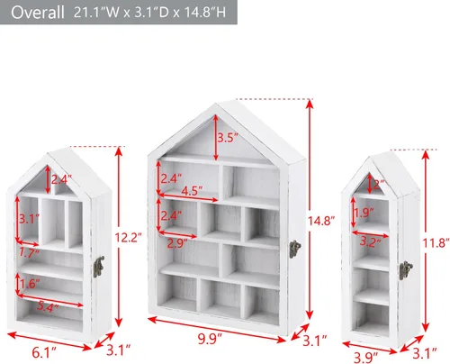 Vista 2 de Ikee Design Juego de 3 piezas montadas en la pared en forma de casa de madera con forma de cubículo de sombra con puerta, vitrina de almacenamiento