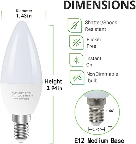 Vista 3 de GOSCHE Bombillas LED E12 para ventilador de techo, bombilla LED B11 de 6 W que reemplaza 60 vatios incandescente, 550 LM, 2700 K blanco cálido