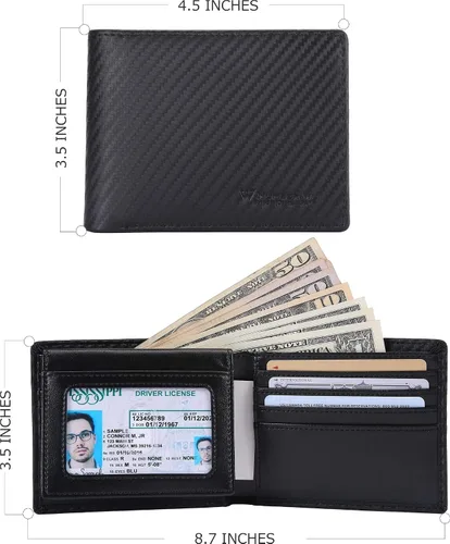 Vista 3 de NUMBER.WU 2 ID ventana carteras para hombres bloqueo RFID hombres de fibra de carbono doble cuero genuino trifold cartera para hombre, Negro, M