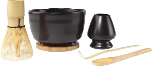 Vista 2 de BambooMN Juego de iniciación de batidor de matcha: cuenco Chawan Matcha, batidor de té, chashaku, cuchara, soporte de matcha y posavasos de bambú