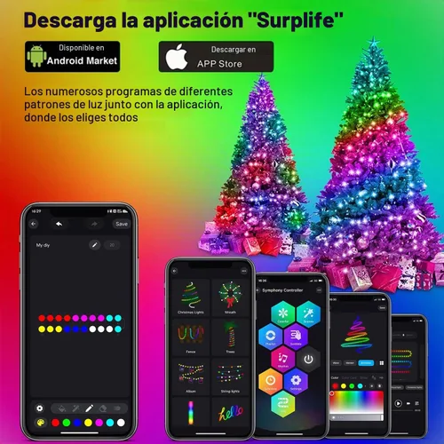 Vista 3 de Luces de cadena para árbol de Navidad con aplicación inteligente Ring, 200 luces LED cascada, impermeables IP65, modos múltiples con mando a