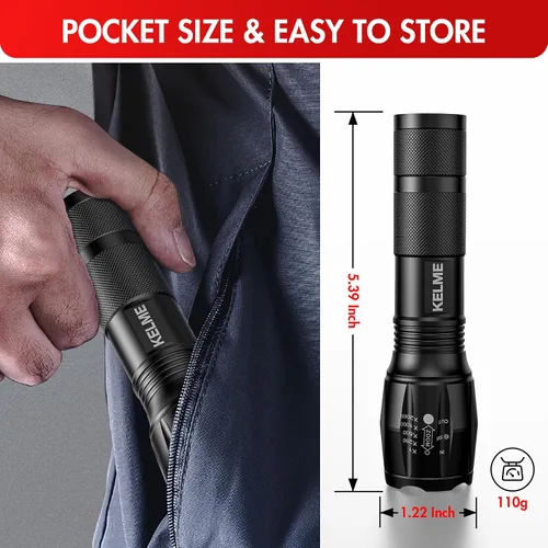 Vista 7 de KELME Paquete de 3 linternas de alto lúmen, potentes linternas tácticas con 5 modos, linterna LED pequeña con zoom impermeable de mano