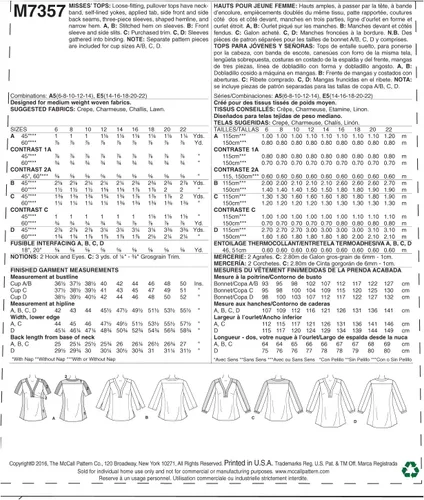 Vista 2 de McCall's Patrones M7357E50 M7357 Misses' Banded Tops con yugo, talla E5 (14-16-18-20-22)