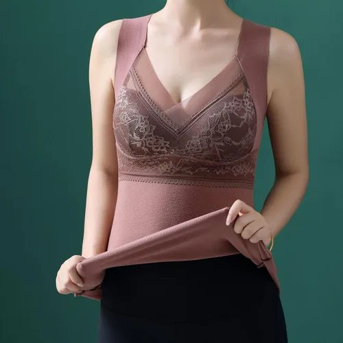Vista 3 de Ropa interior térmica con forro polar para mujer, cuello en V, encaje, camiseta de compresión, chaleco cálido para invierno, capa base