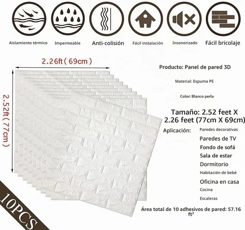 Vista 4 de 10 calcomanías de pared de ladrillo 3D, 59 pies cuadrados de espuma de polietileno, papel tapiz autoadhesivo extraíble e impermeable, azulejos