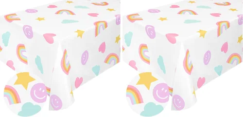 Vista 6 de xo, Fetti Mantel desechable con cara sonriente, 9 pies, decoraciones de cumpleaños de arcoíris, cubierta de mesa pastel, mantel para niñas