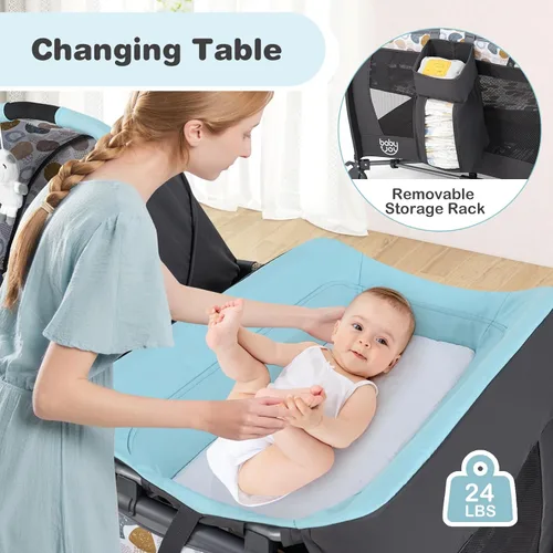 Vista 4 de BABY JOY Paquete y juego 5 en 1, corralito portátil para bebé con moisés y cambiador de pañales, cuna central para guardería infantil con juguetes
