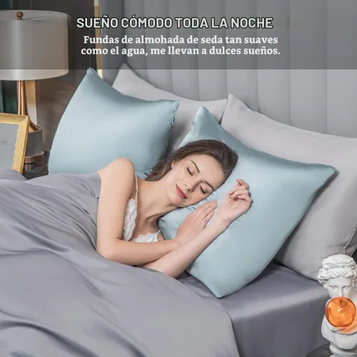 Vista 4 de Funda de almohada de seda de morera para cabello y piel - Funda de almohada de seda refrescante con cremallera oculta, de doble lado, suave y Aqua