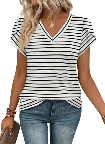 Vista 15 de WIHOLL Camisetas casuales de verano con cuello en V para mujer Negro