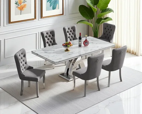 Vista 67 de Juego de 4 mesas de comedor blancas y doradas, mesa de cocina rectangular de 68 pulgadas con parte superior de mármol sintético blanco, mesa de Mesa