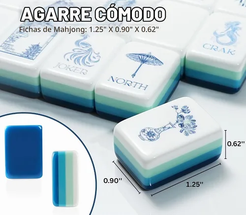 Vista 2 de Juego de azulejos Mahjong acrílicos grabados de 4 capas, 160 piezas con azul (04-Chinoiserie-Blue)