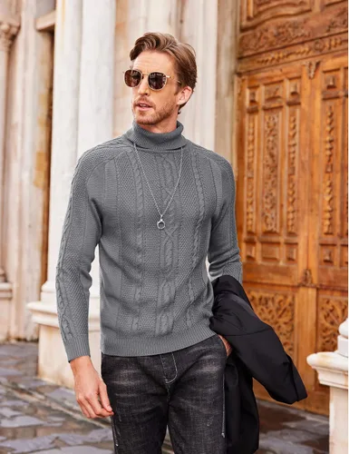 Vista 2 de COOFANDY Suéter de cuello alto ajustado para hombre, suéter de punto trenzado cálido casual