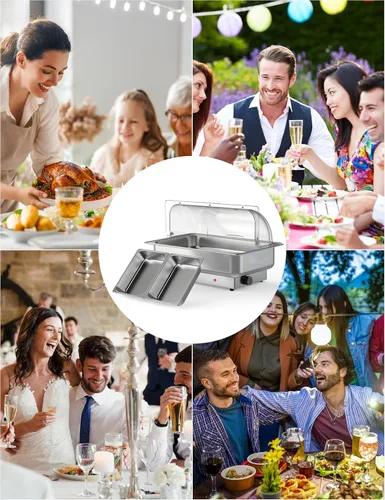 Vista 7 de Garvee Juego de bufé de platos de roce eléctrico, calentador de alimentos de 9 cuartos de galón con tapa de policarbonato transparente, con 1 sartén