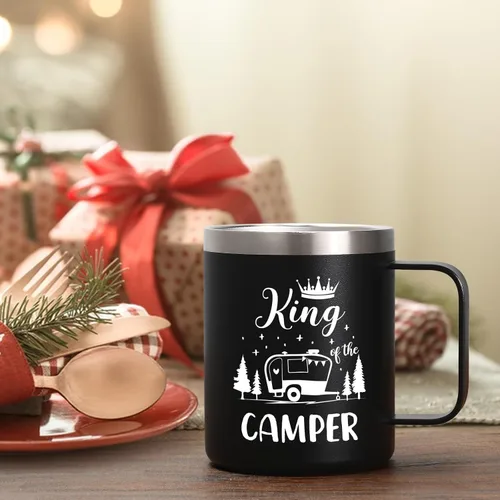 Vista 5 de Lifecapido Regalos de campamento para hombres, taza de café aislada King Of The Camper de 12 onzas, regalo de cumpleaños, regalo de Navidad, regalos