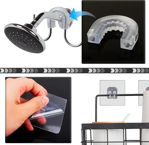 Vista 3 de YeeBeny Conector de ducha de baño con 2 adhesivos Soporte de gancho para artículos del hogar para cesta de ducha, estante de baño compatible